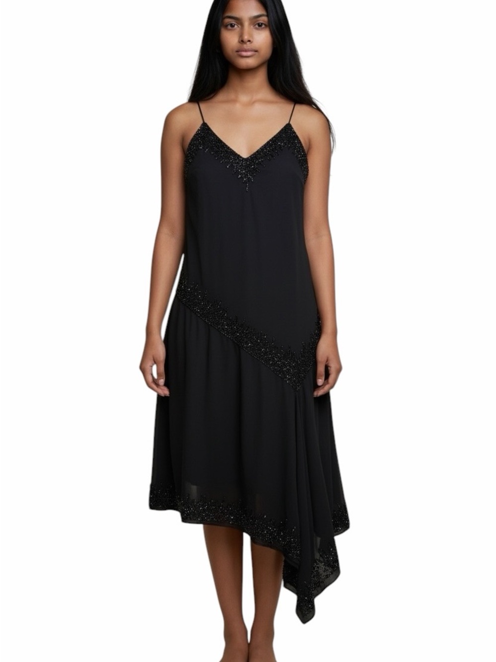 J. KARA Asymmetrical Beaded MIDI Dress Size 14